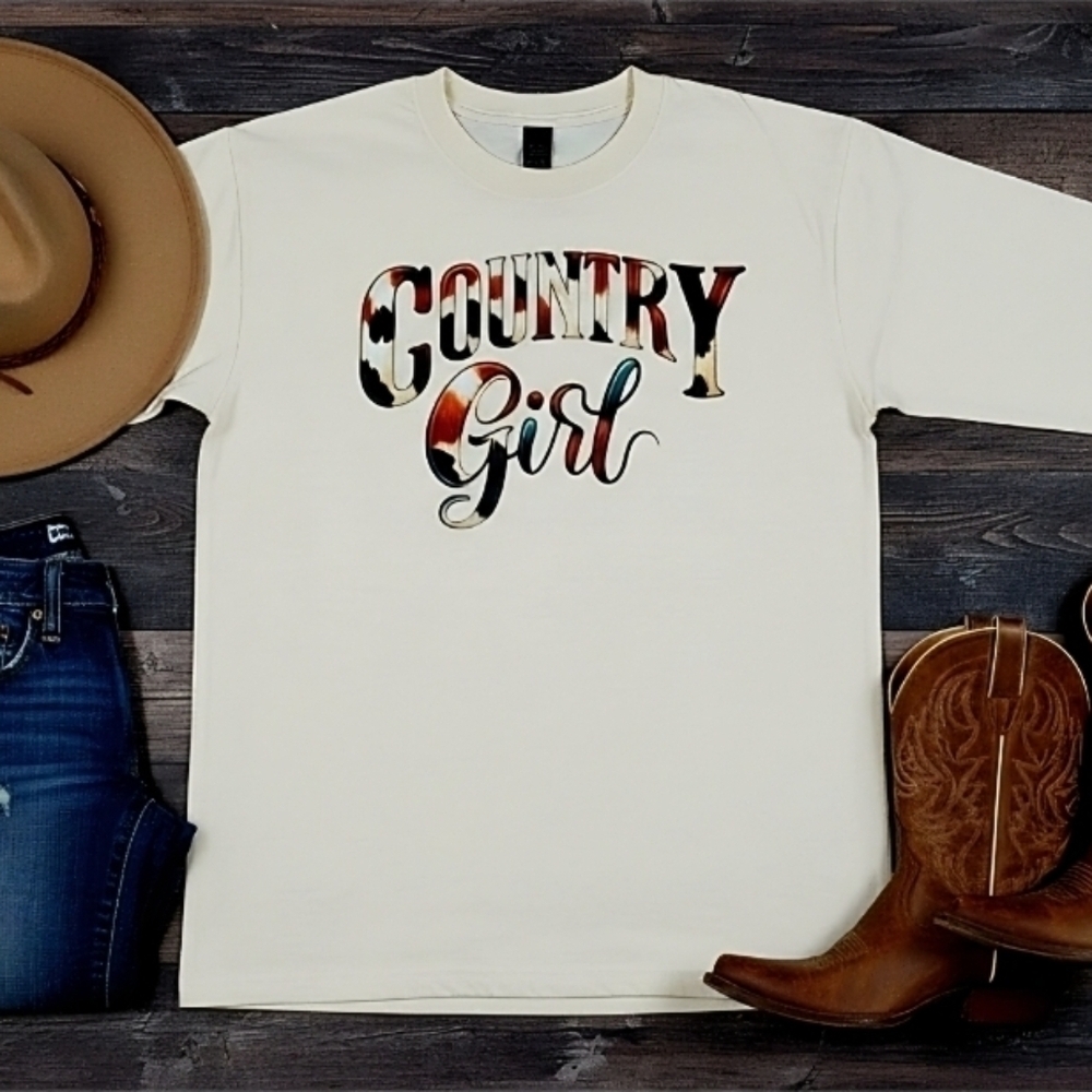 Country Girl Long Sleeve Shirt • Western Cow Print Graphic Tee • Southern Style